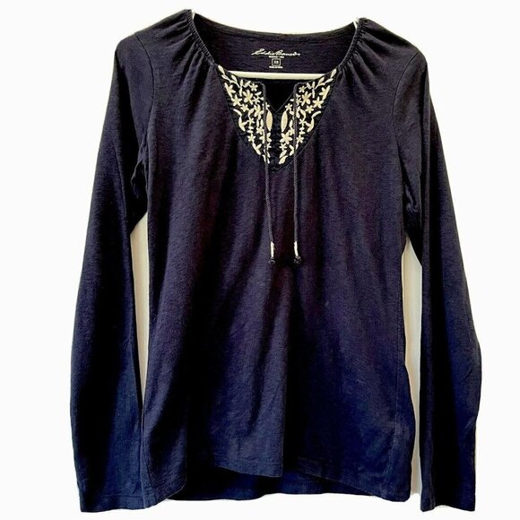 Eddie Bauer Navy Neckline Tie Cream Floral Embroidered Tunic Top Size XS - Picture 1 of 9